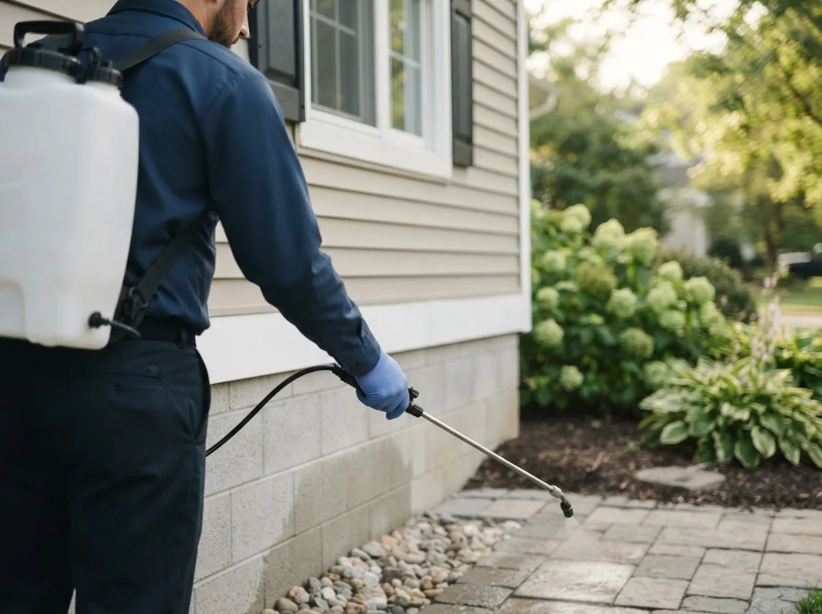 Pest control technician inspecting a home in Clifton, OH